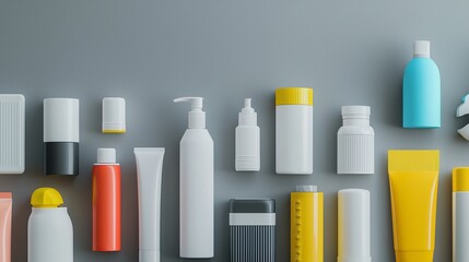A collection of various cosmetic and personal care products arranged neatly.