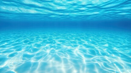 Underwater view of pristine blue water with sandy seabed and sunlight.