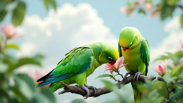 Two Green Parrots Share a Blossom in a Spring Garden