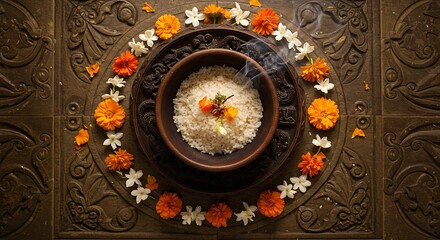 Ornamental Bowl of Rice with Flowers, Ritual Setting