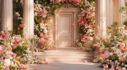Fototapeta premium A romantic floral archway entrance adorned with pastel blooms.