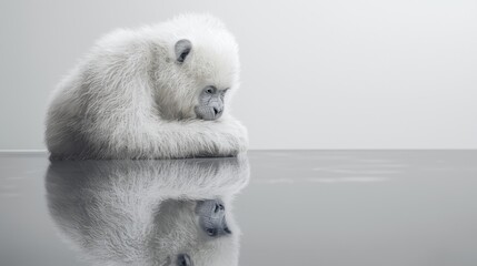 A cute, white baby polar bear sitting pensively by a reflective surface.