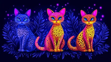 Obraz premium Enigmatic pixelated felines bathed in neon brilliance a trio of mystical cats exhibiting vibrant patterned coats amid a celestial backdrop of night stars