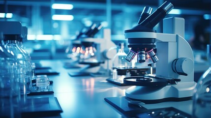 Microscope on table with chemical tubes and glassware in laboratory