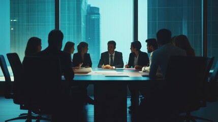 Corporate symposium showcasing strategic decisions within sleek boardrooms at night