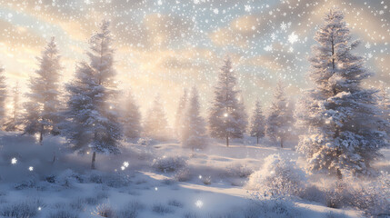 Fototapeta premium Frosty landscape of snow-covered trees with glittering gray snowflakes, calm, snow, serene. [Frozen Time] | Frozen Sparks | cold glint. Illustration