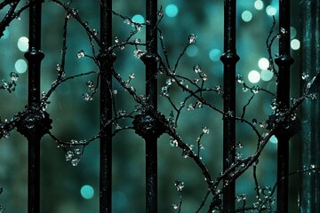 Raindrops glisten on wrought iron fence with delicate branches, creating a serene, moody atmosphere