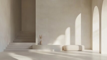 Minimalist, sunlit interior space with neutral tones and archways