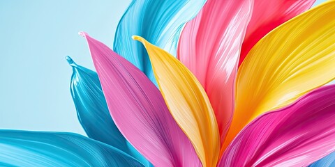 Vibrant, stylized flower petals in blue, pink, and yellow