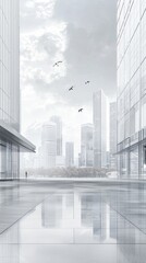 Fototapeta premium A serene urban landscape with modern skyscrapers reflecting in tranquil water.