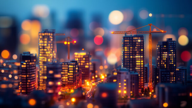 Realistic Miniature of a Night City Construction Scene with High-Rise Buildings and Bokeh Lights

