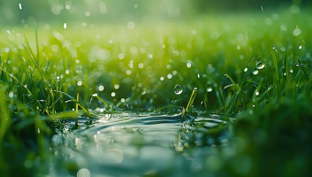 A puddle of water on a lush green lawn, with raindrops falling and sunlight shining through