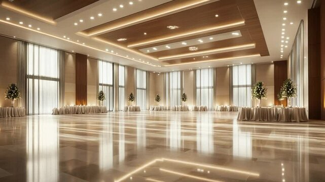Elegant interior design of a spacious banquet hall for special events and celebrations