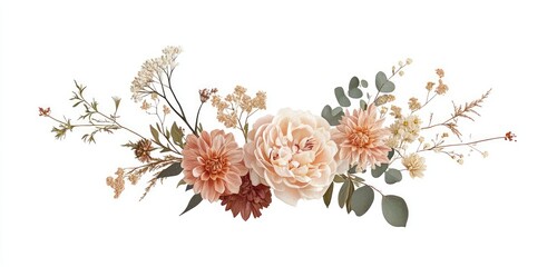 Delicate peach and blush floral arrangement with eucalyptus and dried grasses