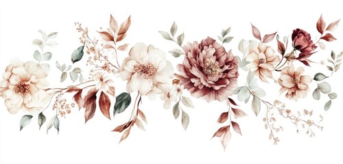 Watercolor floral arrangement featuring blush, mauve, and cream roses, eucalyptus, and other foliage