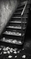  A black and white photograph of an old, rusty staircase leading up to the roof of a building in an urban cityscape.