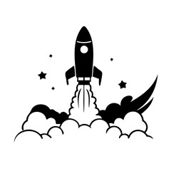Black Rocket Launching into Space with Stars and Clouds
