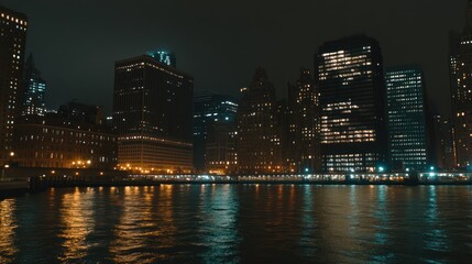 Naklejka premium City skyline at night reflecting on water