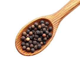 Exploring spices black pepper on wooden spoon kitchen isolated on transparent background