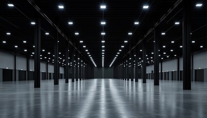 Empty, vast, industrial space with rows of black columns and bright overhead lights