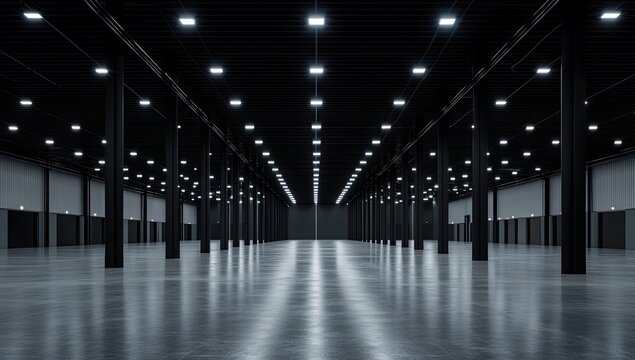 Empty, vast, industrial space with rows of black columns and bright overhead lights