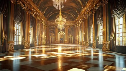 Golden luxury palace interior with crystal chandeliers gleaming checkered floors and ornate window decor evoking classic elegance and architectural opulence - Powered by Adobe