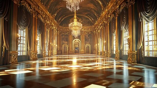 Golden luxury palace interior with crystal chandeliers gleaming checkered floors and ornate window decor evoking classic elegance and architectural opulence