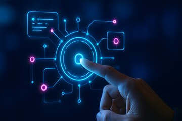 Digital Touch Interface with Glowing Circuits and Data Elements