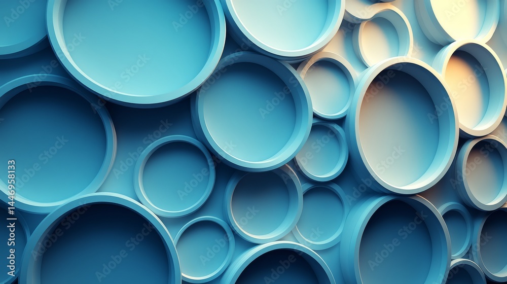 Poster abstract composition of interlocking light blue circular elements with smooth gradient shadows and s