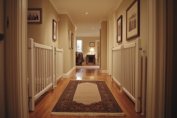 A hallway with a long rug and family portraits on the walls. Parents are placing safety gates at every door and checking for any potential hazards. The mood is cautious and thorough