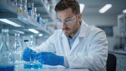 A scientist in a lab coat and gloves conducts an experiment with blue liquid in a modern laboratory setting.