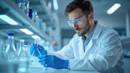A scientist wearing safety goggles and gloves conducts an experiment in a modern laboratory with glassware.