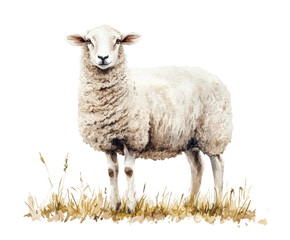 Sheep grazing in a meadow nature peaceful scene isolated on transparent background