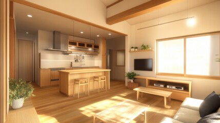 Open plan kitchen and living room in modern home