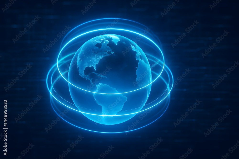 Aufkleber glowing blue earth with circular orbits in digital space environment