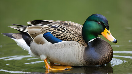 male mallard preening by the water