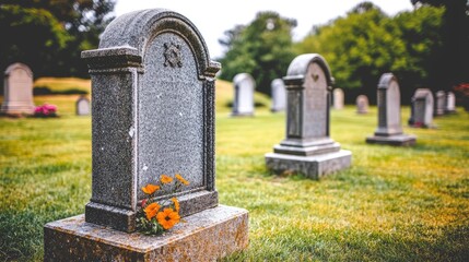 Fototapeta premium A serene cemetery scene featuring gravestones adorned with flowers, surrounded by lush greenery