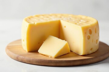 Artisanal cheese wheel, pristine white backdrop, still life, creamy, white background