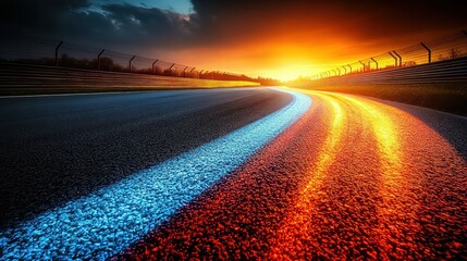 Asphalt race track at sunset