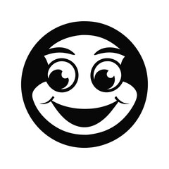 A happy cartoon face with big eyes and a wide smile in a black circle