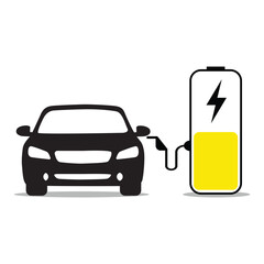 Electric vehicle icon. car with charging batteries in linear design. electric car