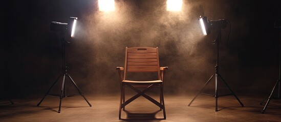 A wooden chair sits in the center of a dimly lit room with smoke and spotlights