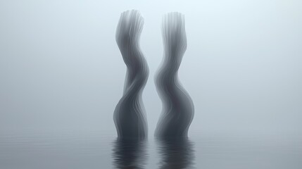 Abstract figures emerge from misty waters, symbolizing introspection and fluidity.