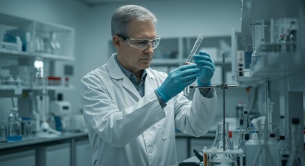 Focused Scientist Conducts Precise Experiment in Modern Laboratory Setting;  Advanced Research and Development in Scientific Breakthroughs