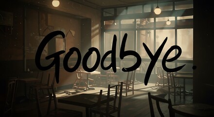 Empty Cafe with Sunlight and a Handwritten Goodbye Overlay