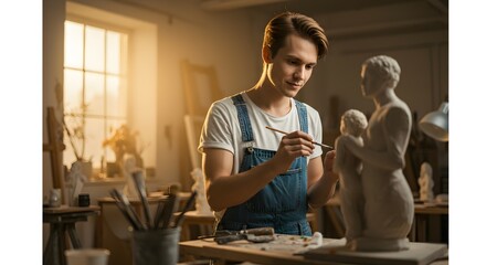 Sculpting Young Artist Meticulously Crafts Intricate Stone Statue in Artistic Workshop