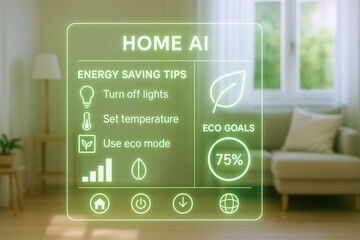 Home AI Eco Dashboard. Energy-saving tips and eco goals displayed on smart holographic interface in modern living room.