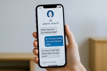 AI Mental Health Chat. Smartphone screen showing mental health chatbot conversation offering emotional support.