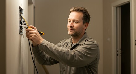 Skilled Electrician Installing Electrical Wiring in a Residential Home, Professional Electrical Work, Home Improvement, Electrical Repair, Home Maintenance