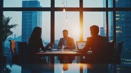 Obraz na płótnie Canvas Executive boardroom meeting with panoramic city views at twilight hour